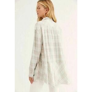 Free People Women's Lela Tunic Top - Plaid Button Metallic Oversized Shirt XS